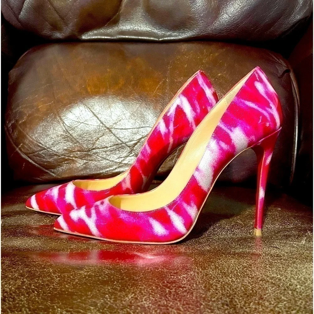 CHRISTIAN Louboutin EU38.5 patent leather, Christmas Candy cane like print 100mm